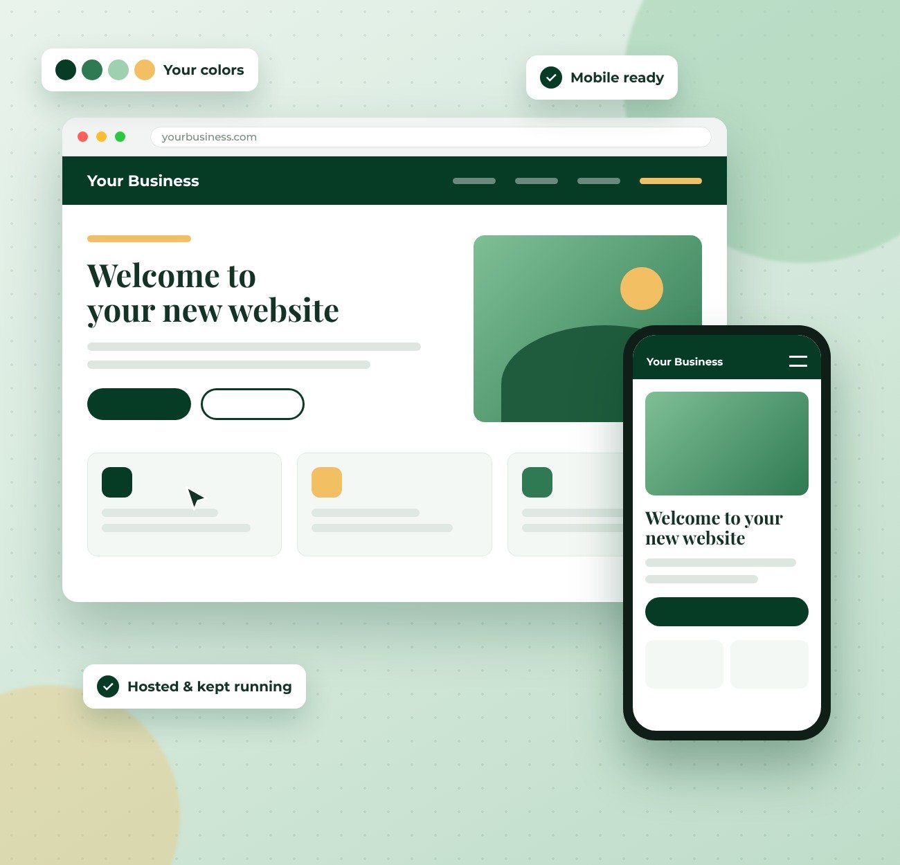 Website design shown on a browser window and phone